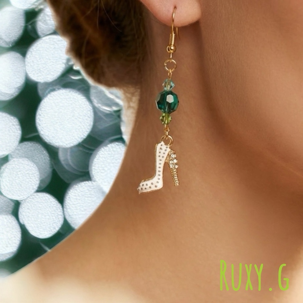 Gold and Green High Heel Dangle Earrings